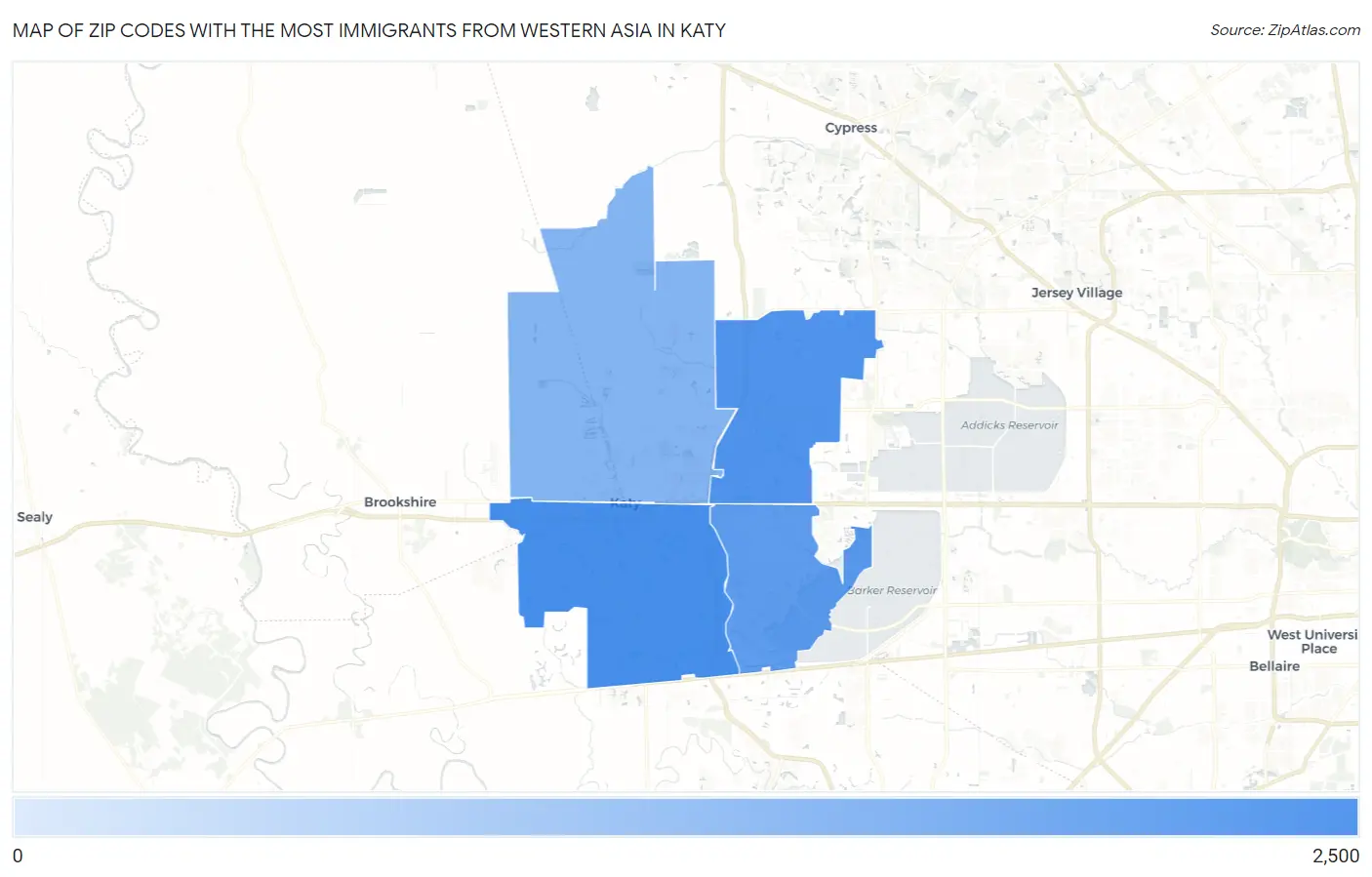 Zip Codes with the Most Immigrants from Western Asia in Katy Map