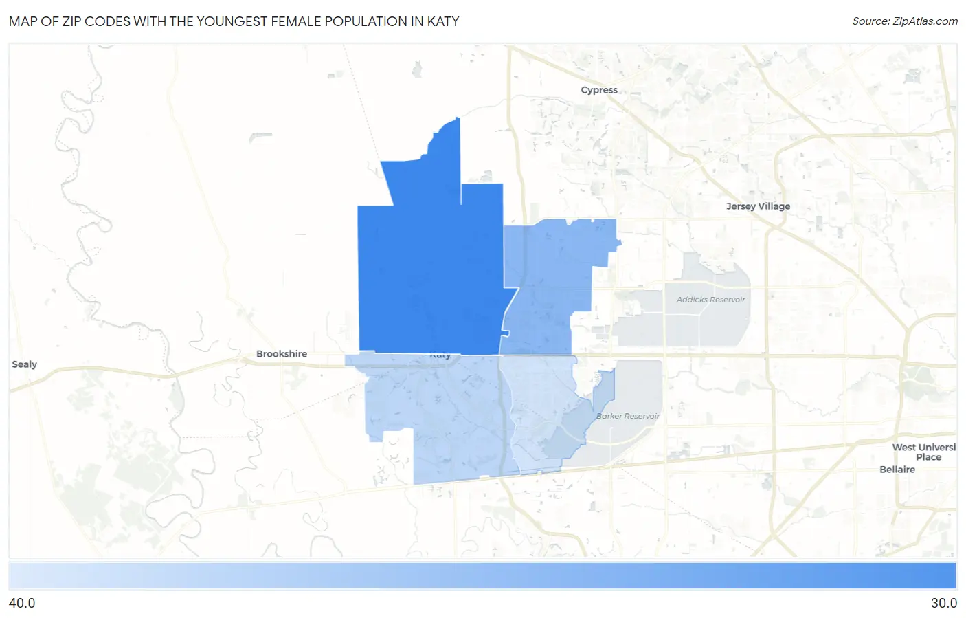 Zip Codes with the Youngest Female Population in Katy Map