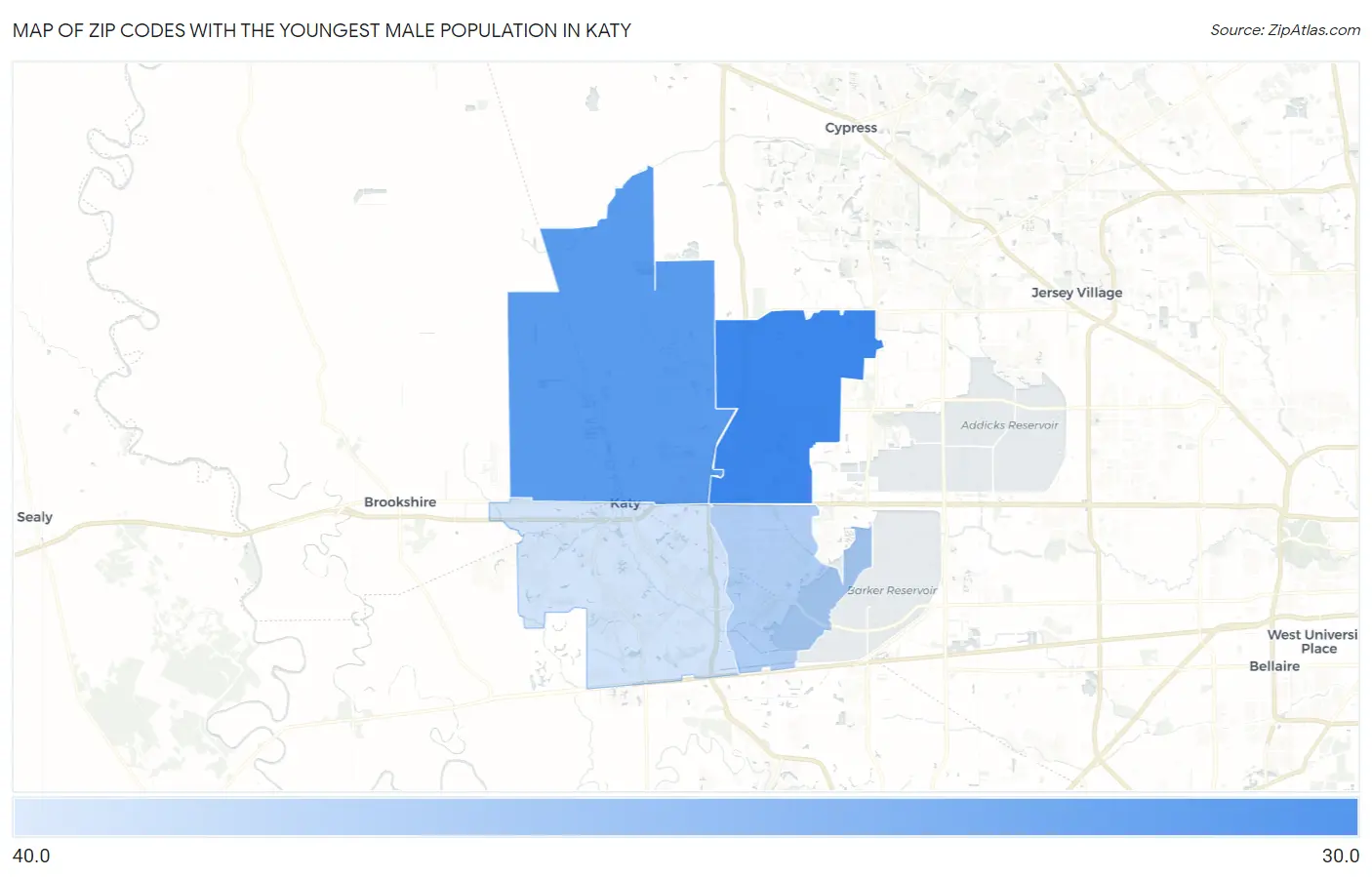 Zip Codes with the Youngest Male Population in Katy Map