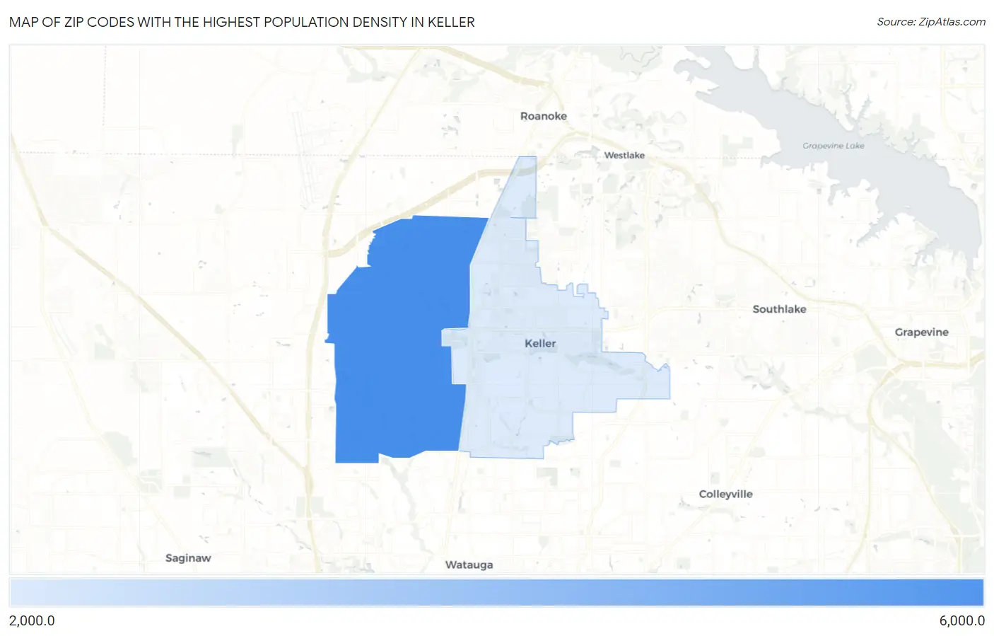Zip Codes with the Highest Population Density in Keller Map