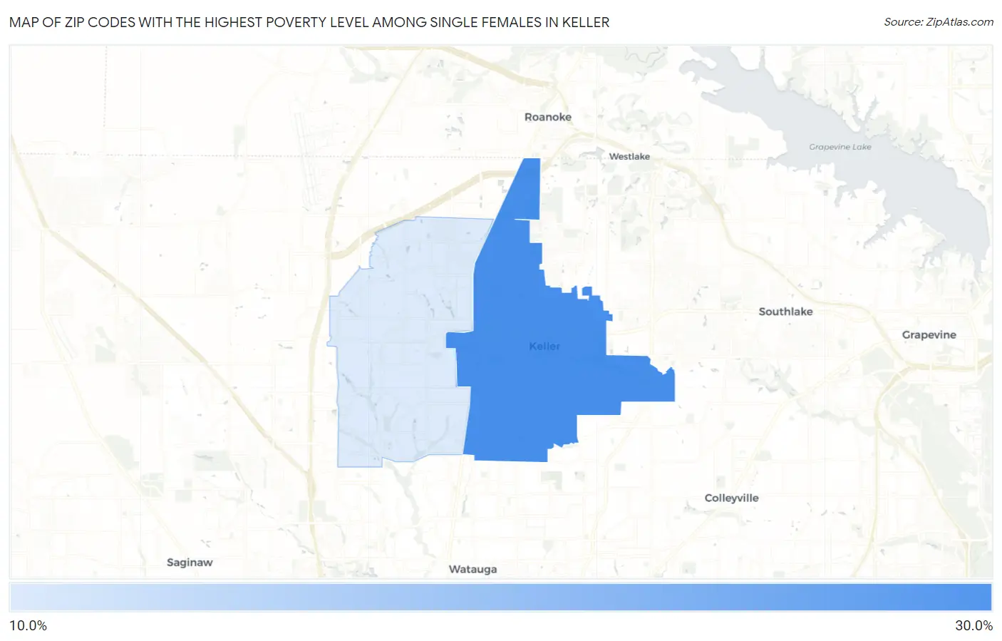 Zip Codes with the Highest Poverty Level Among Single Females in Keller Map