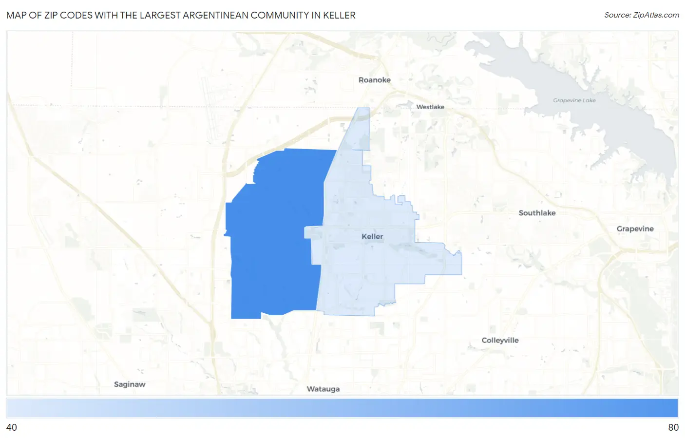 Zip Codes with the Largest Argentinean Community in Keller Map