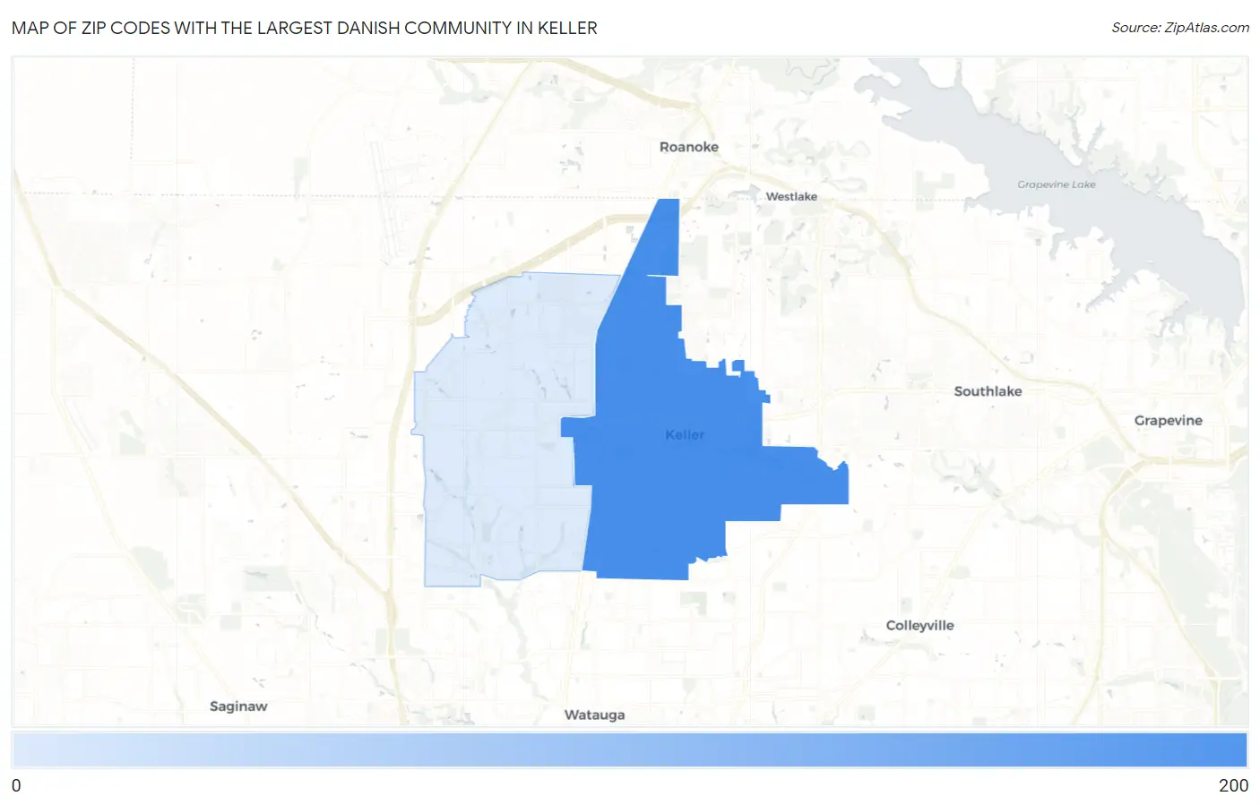 Zip Codes with the Largest Danish Community in Keller Map