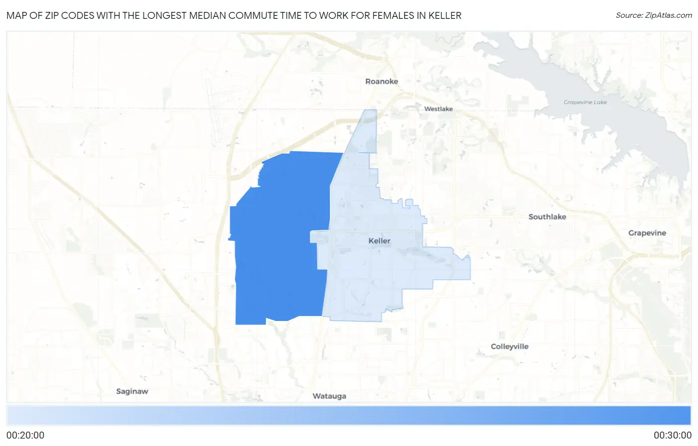 Zip Codes with the Longest Median Commute Time to Work for Females in Keller Map