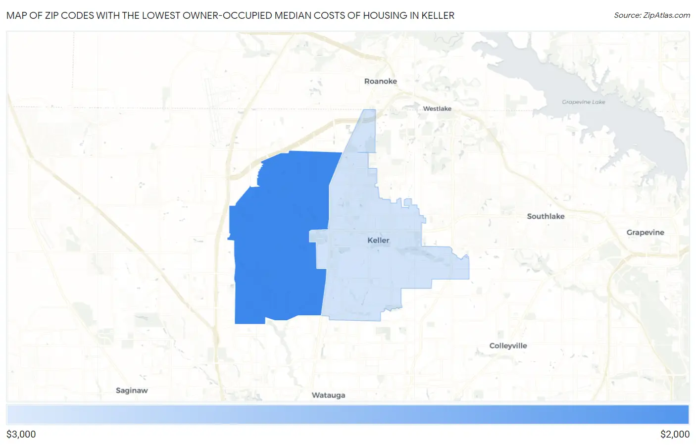 Zip Codes with the Lowest Owner-Occupied Median Costs of Housing in Keller Map