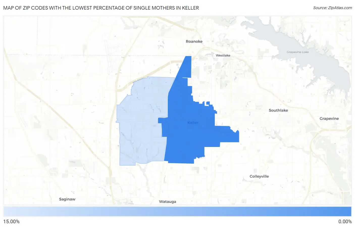 Zip Codes with the Lowest Percentage of Single Mothers in Keller Map