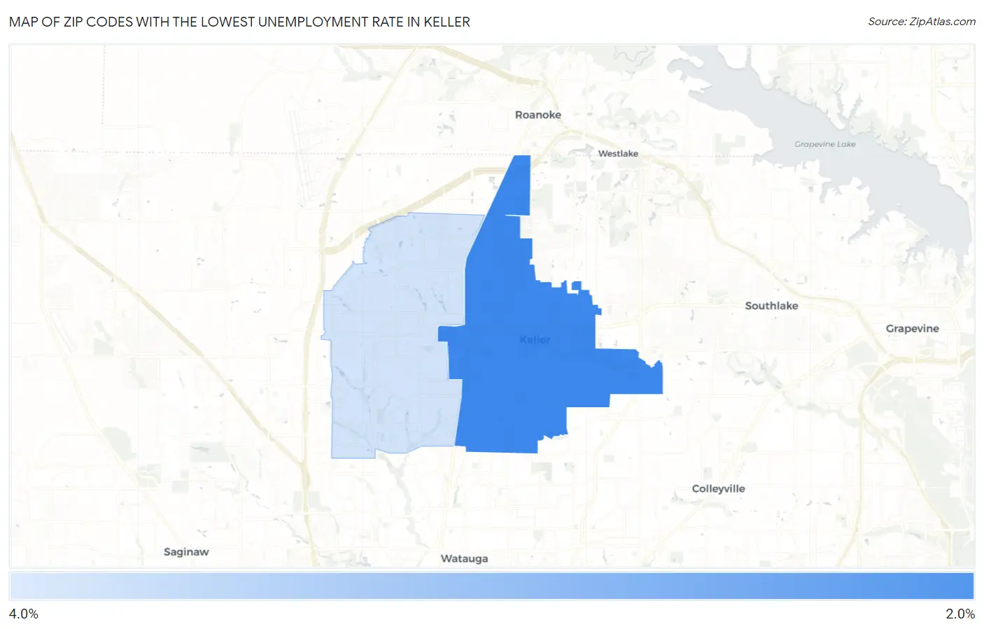 Zip Codes with the Lowest Unemployment Rate in Keller Map