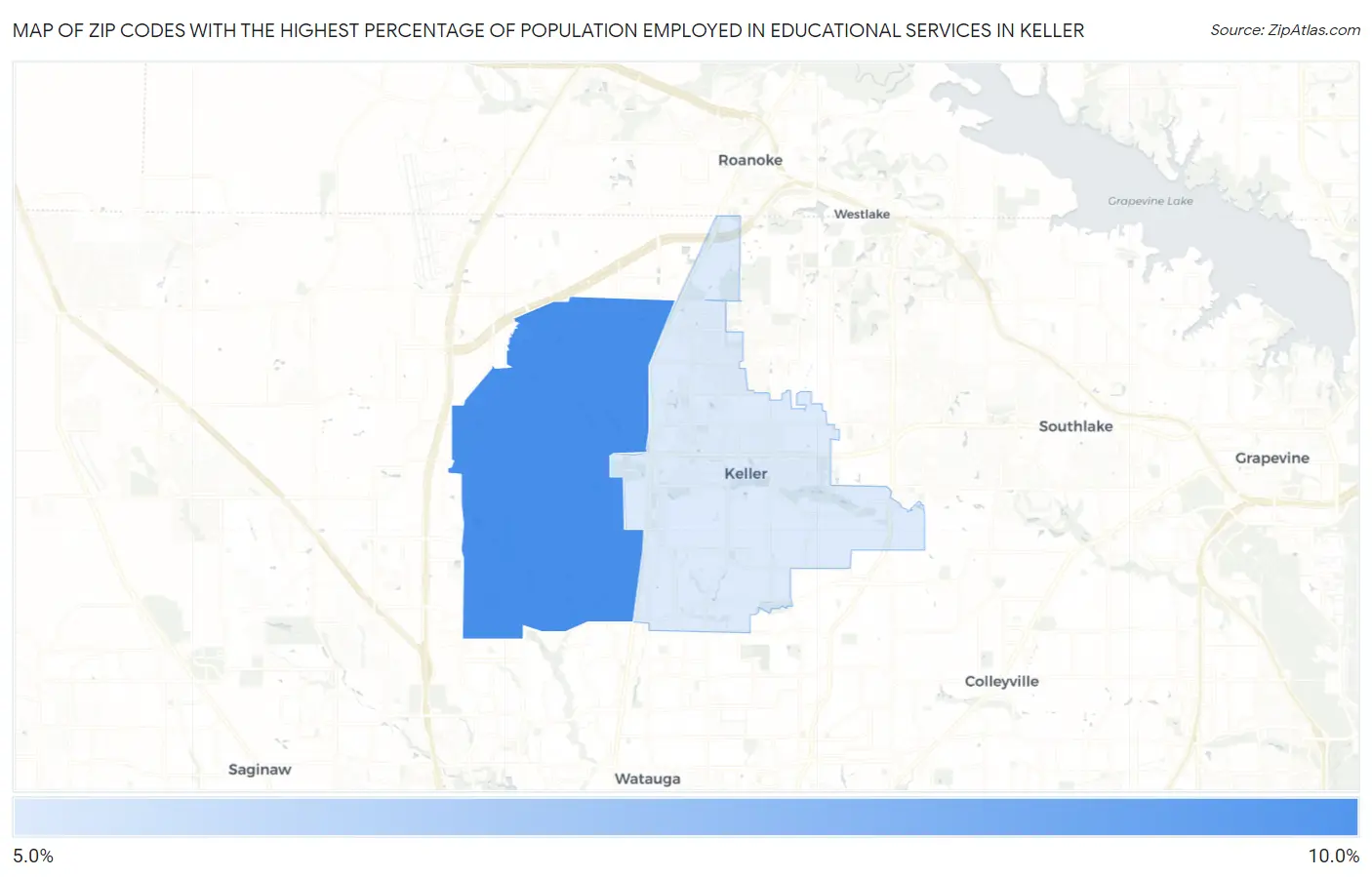 Zip Codes with the Highest Percentage of Population Employed in Educational Services in Keller Map