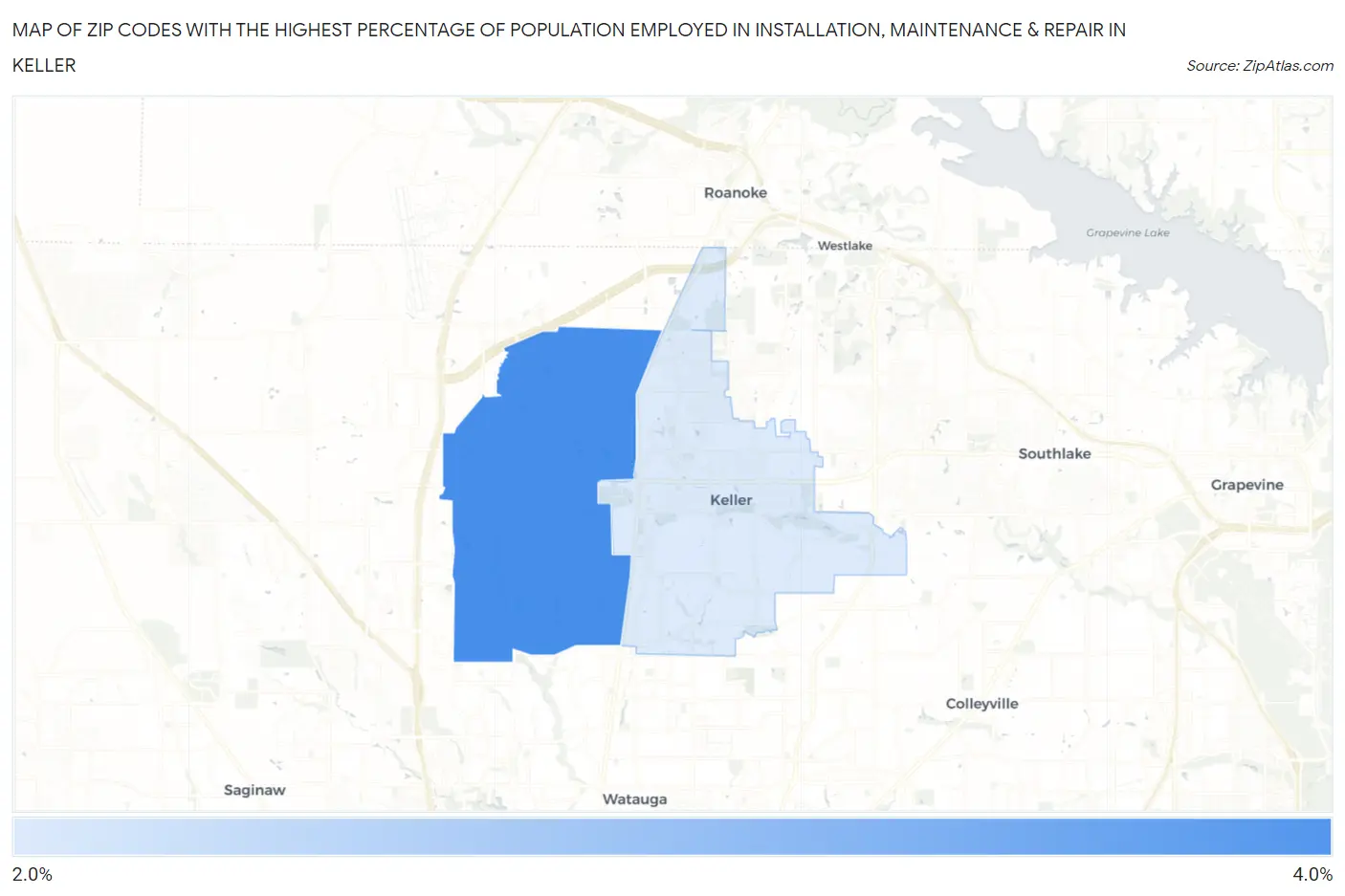 Zip Codes with the Highest Percentage of Population Employed in Installation, Maintenance & Repair in Keller Map