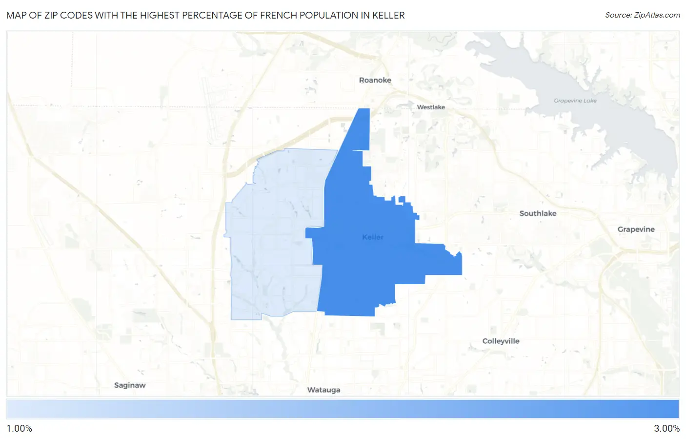 Zip Codes with the Highest Percentage of French Population in Keller Map