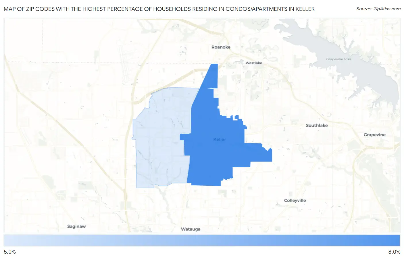 Zip Codes with the Highest Percentage of Households Residing in Condos/Apartments in Keller Map