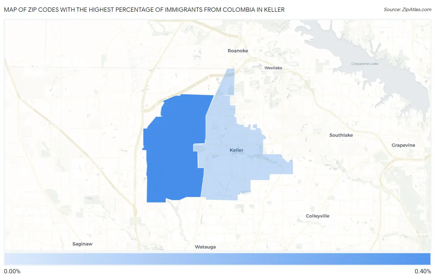 Zip Codes with the Highest Percentage of Immigrants from Colombia in Keller Map