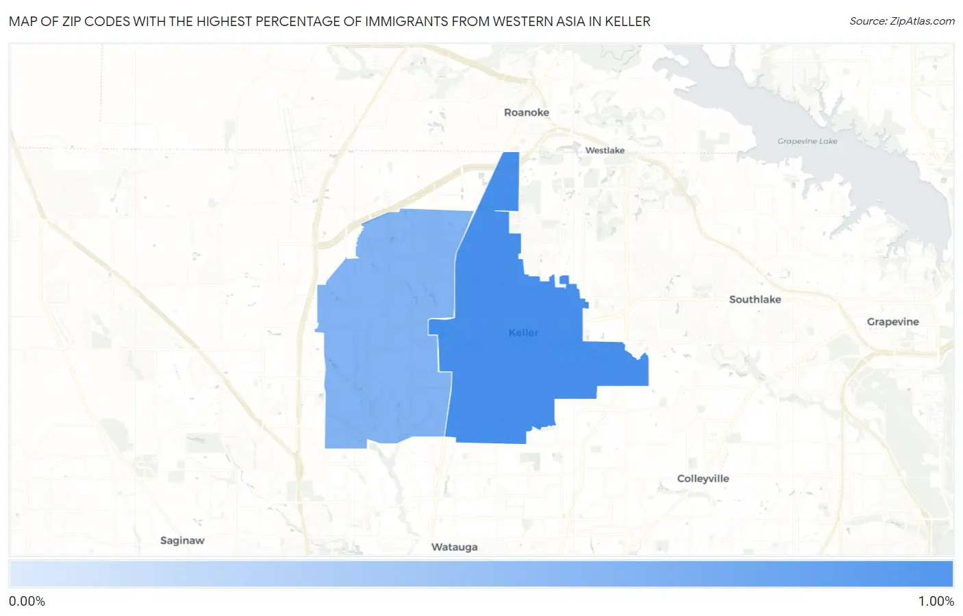 Zip Codes with the Highest Percentage of Immigrants from Western Asia in Keller Map