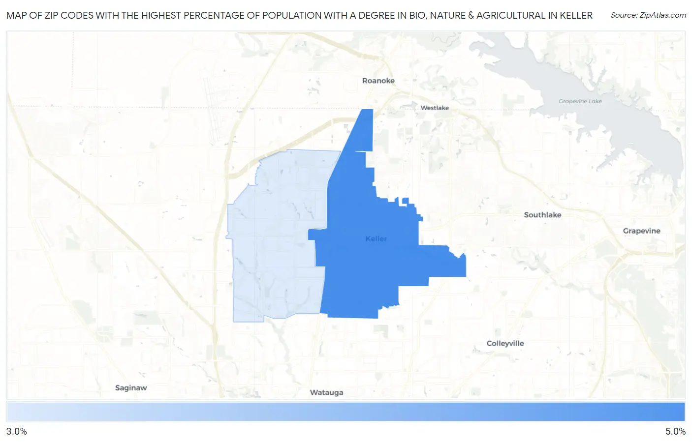 Zip Codes with the Highest Percentage of Population with a Degree in Bio, Nature & Agricultural in Keller Map
