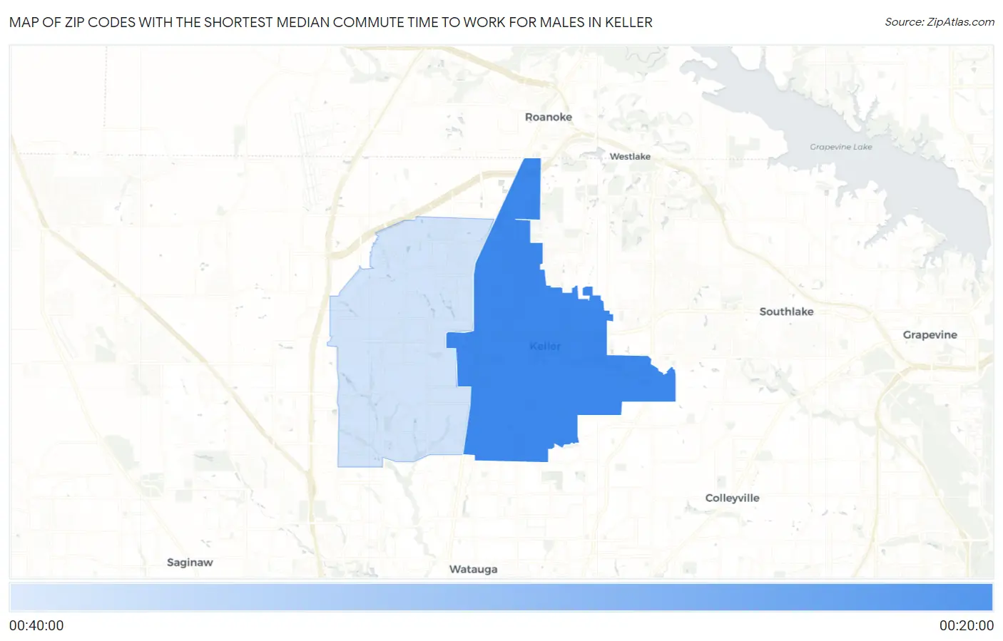 Zip Codes with the Shortest Median Commute Time to Work for Males in Keller Map