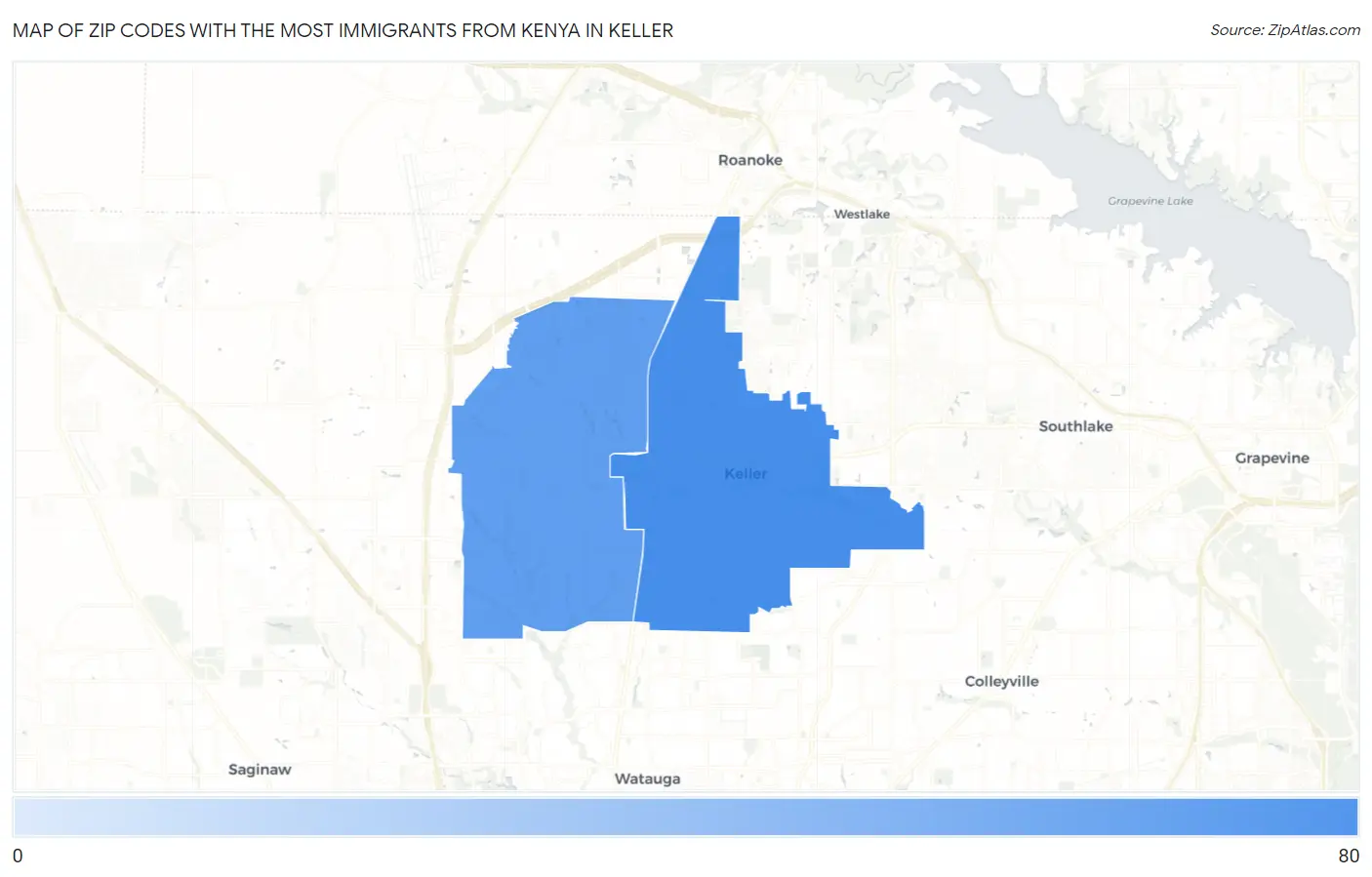 Zip Codes with the Most Immigrants from Kenya in Keller Map