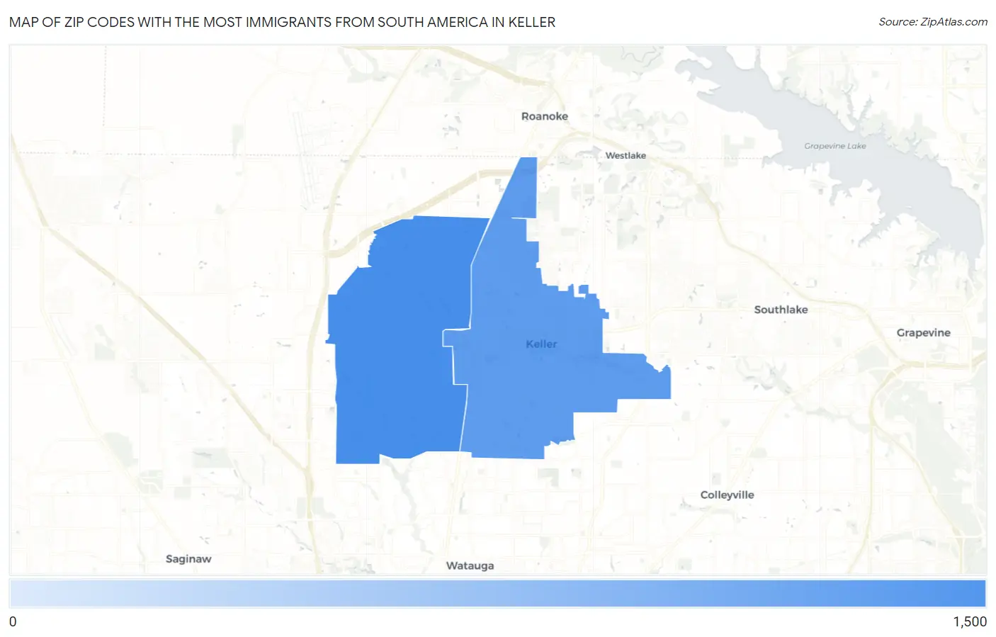 Zip Codes with the Most Immigrants from South America in Keller Map