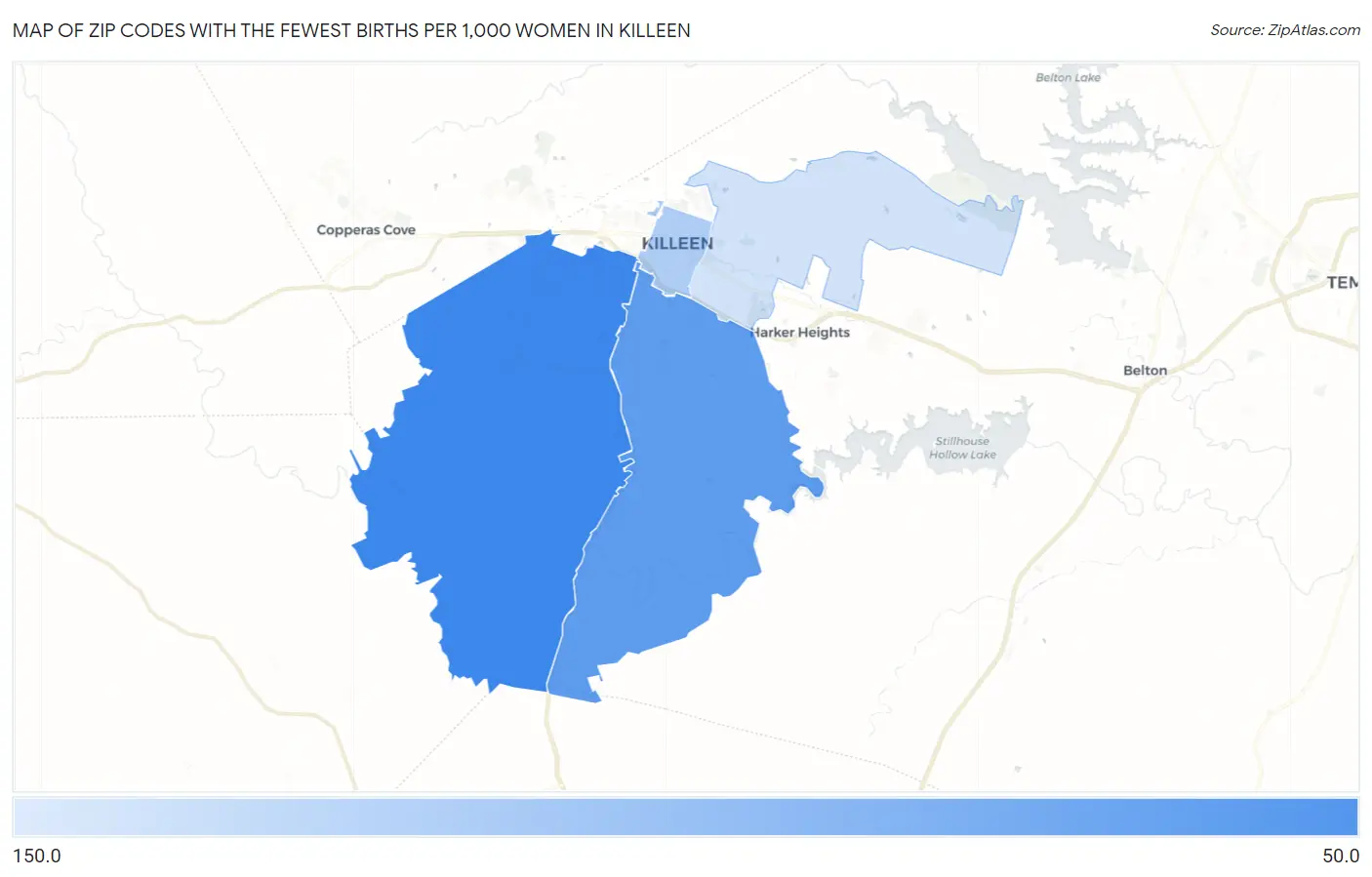 Zip Codes with the Fewest Births per 1,000 Women in Killeen Map