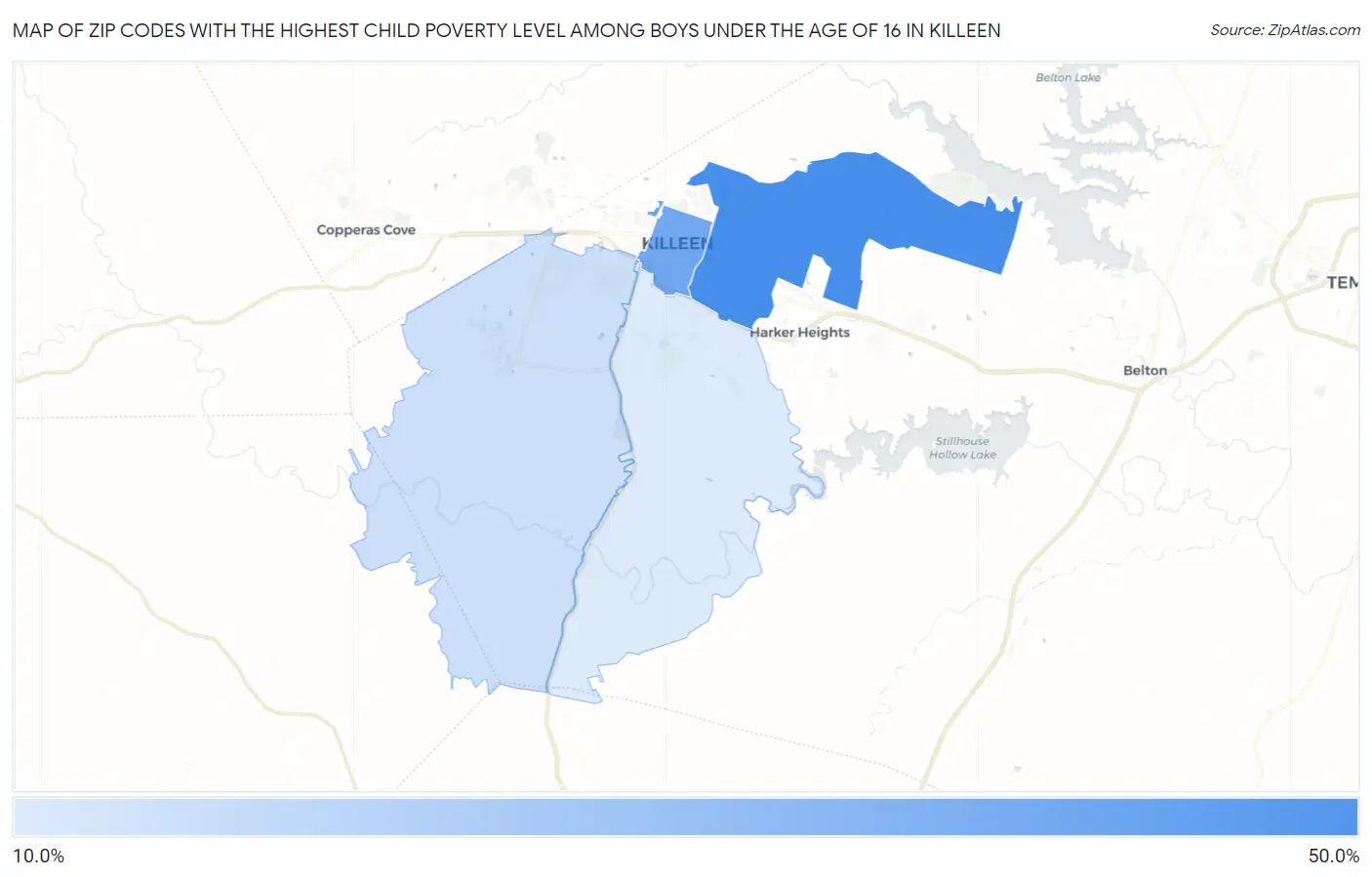 Zip Codes with the Highest Child Poverty Level Among Boys Under the Age of 16 in Killeen Map