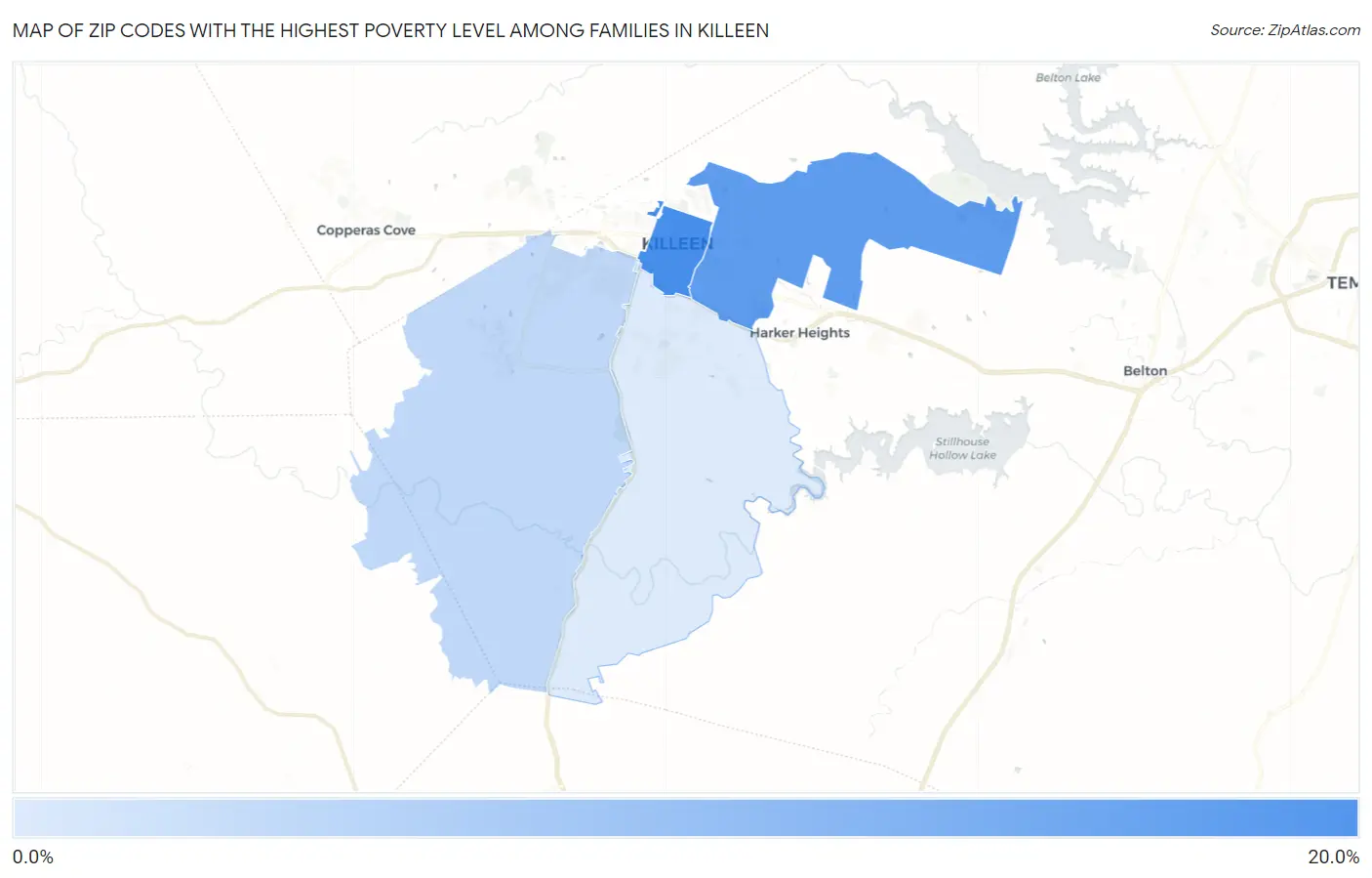 Zip Codes with the Highest Poverty Level Among Families in Killeen Map