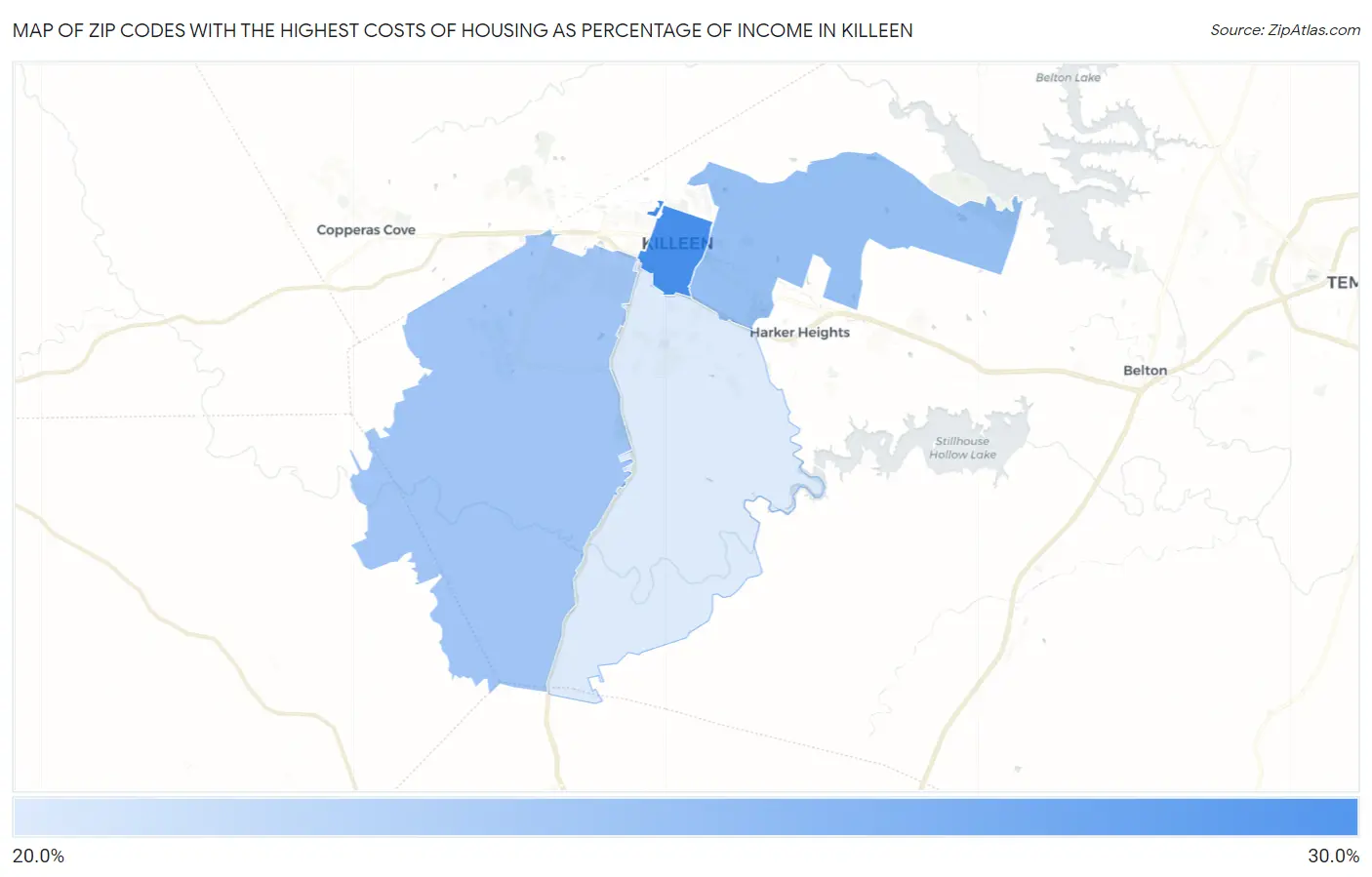 Zip Codes with the Highest Costs of Housing as Percentage of Income in Killeen Map