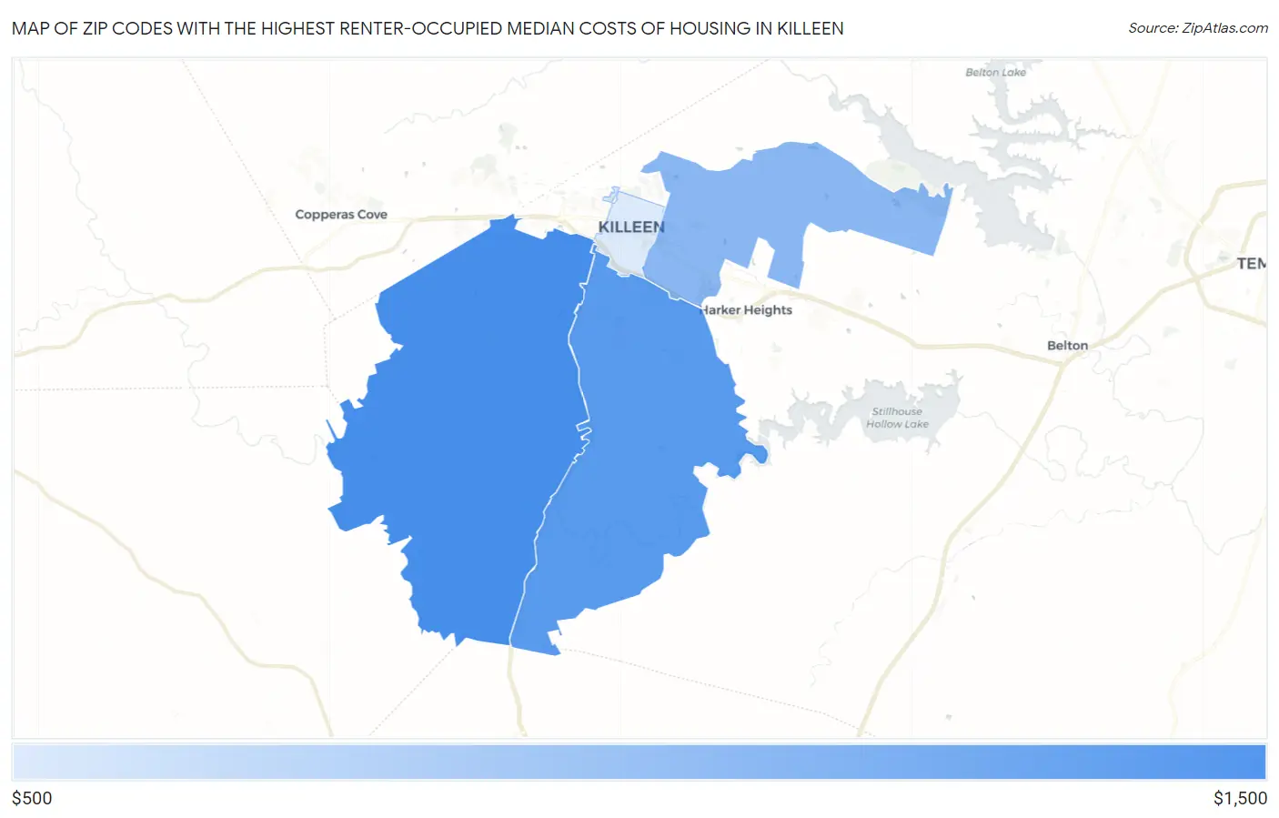 Zip Codes with the Highest Renter-Occupied Median Costs of Housing in Killeen Map