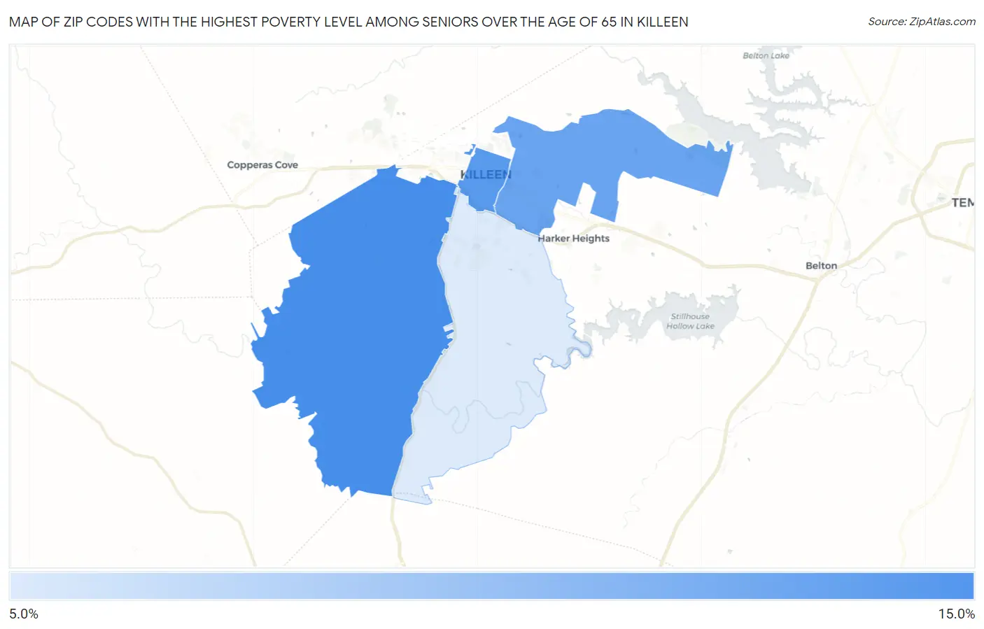 Zip Codes with the Highest Poverty Level Among Seniors Over the Age of 65 in Killeen Map