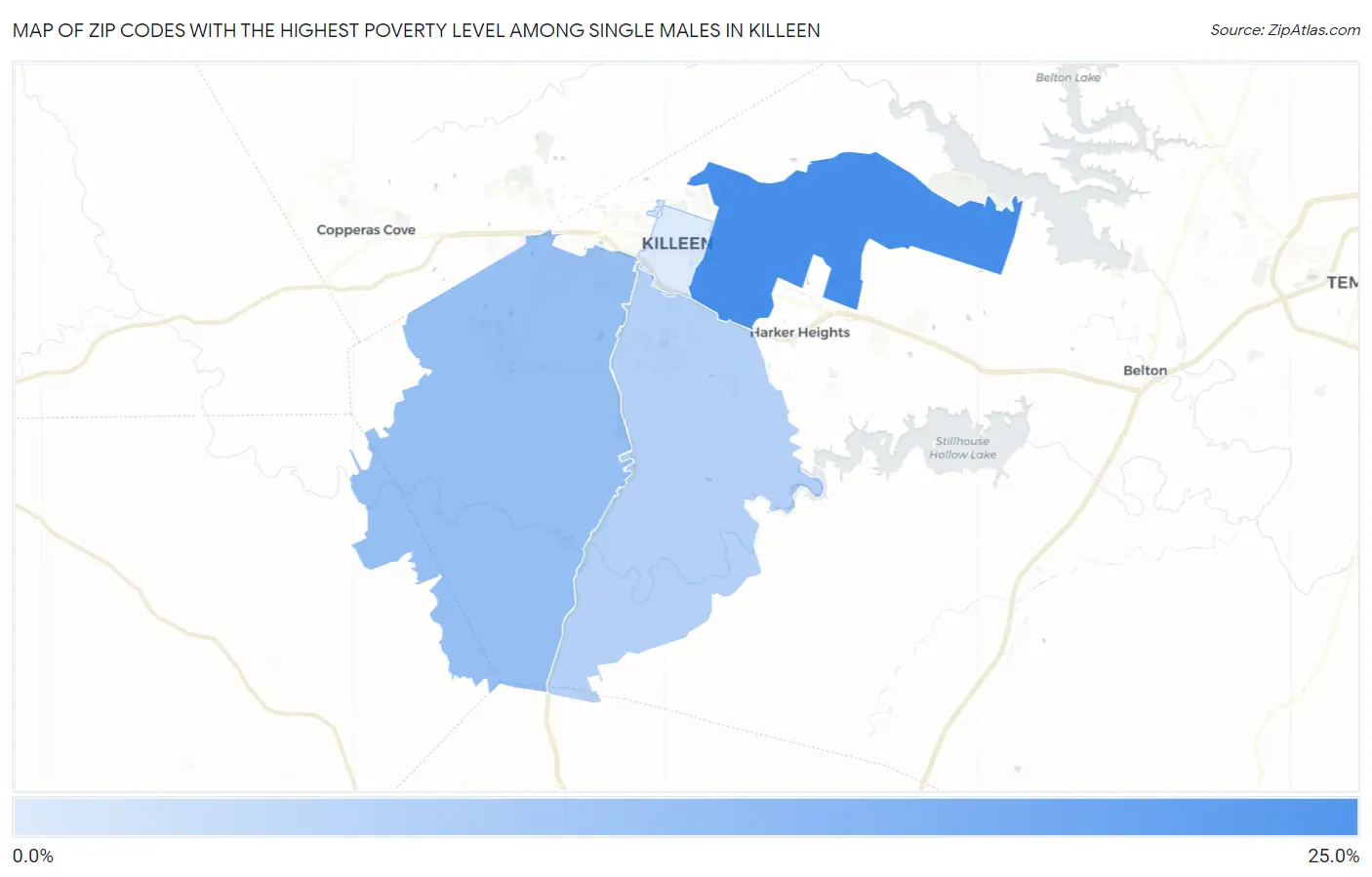 Zip Codes with the Highest Poverty Level Among Single Males in Killeen Map
