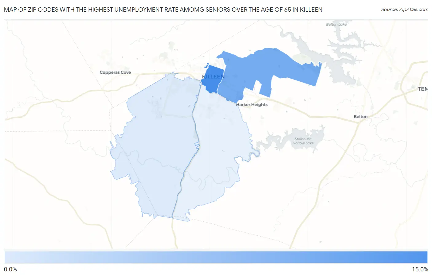 Zip Codes with the Highest Unemployment Rate Amomg Seniors Over the Age of 65 in Killeen Map