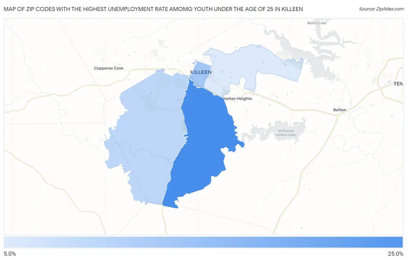 Zip Codes with the Highest Unemployment Rate Amomg Youth Under the Age of 25 in Killeen Map