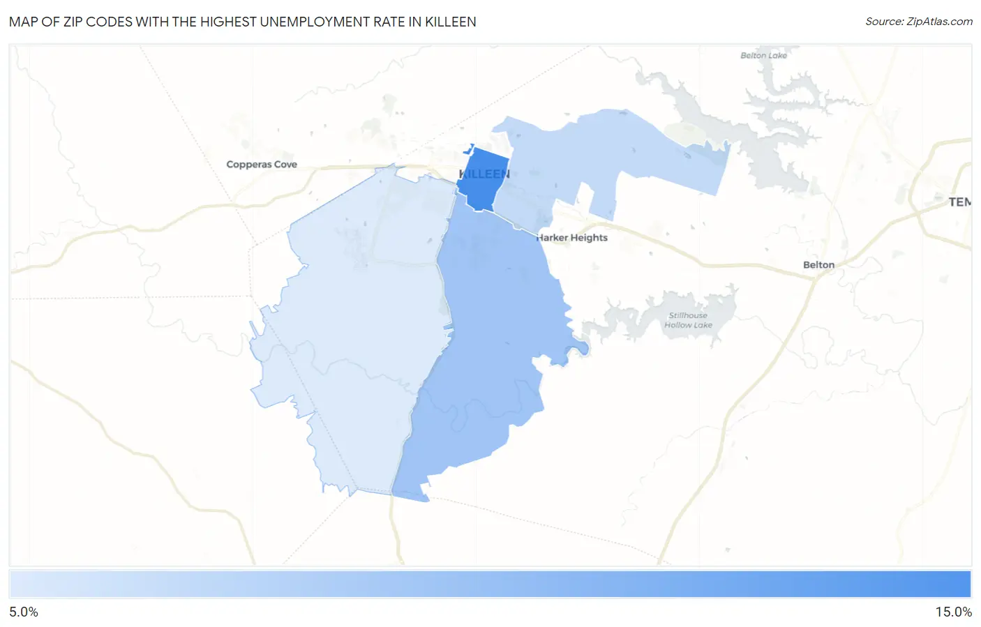 Zip Codes with the Highest Unemployment Rate in Killeen Map