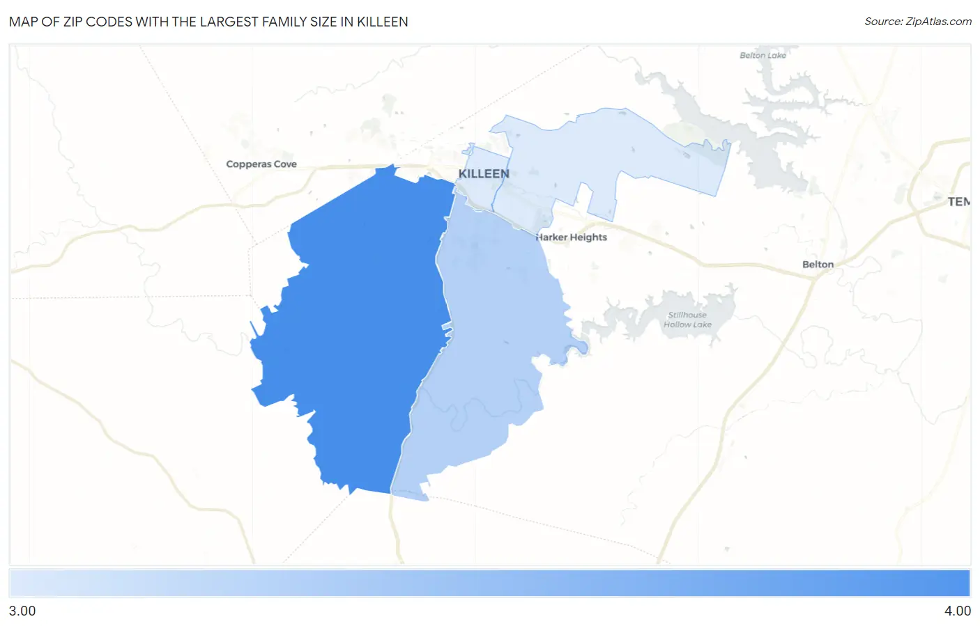 Zip Codes with the Largest Family Size in Killeen Map