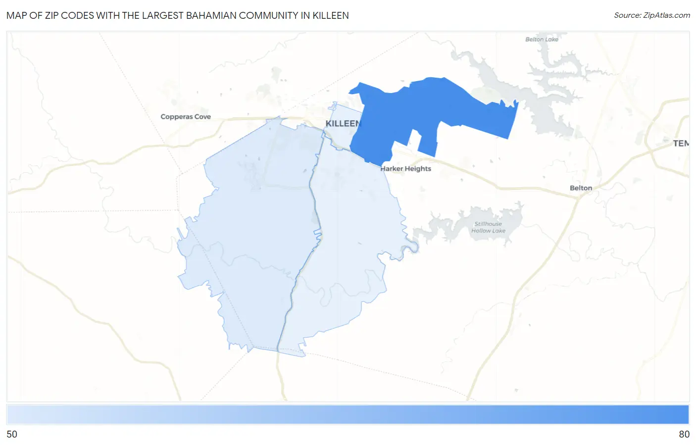 Zip Codes with the Largest Bahamian Community in Killeen Map