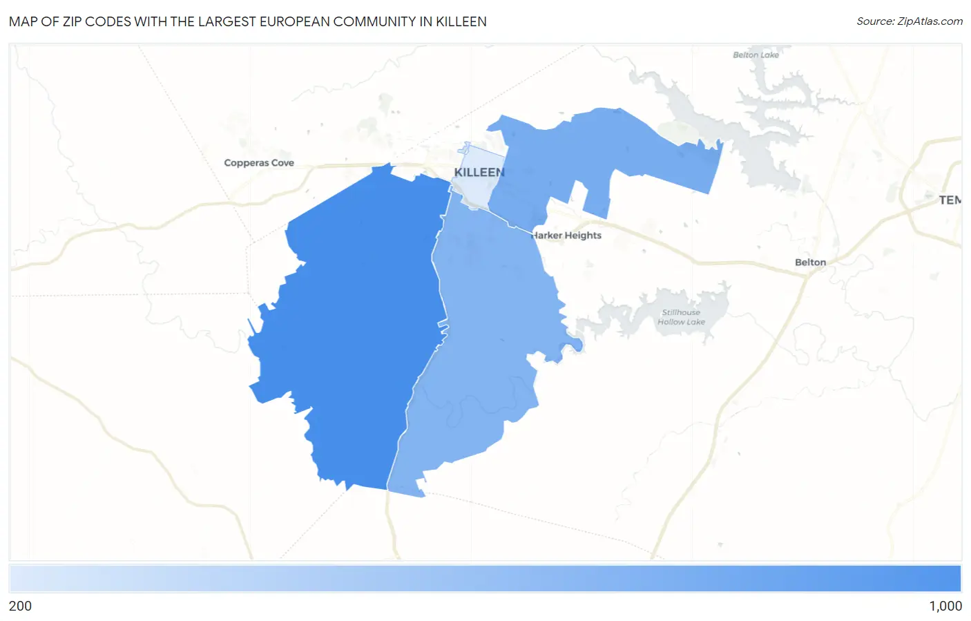 Zip Codes with the Largest European Community in Killeen Map