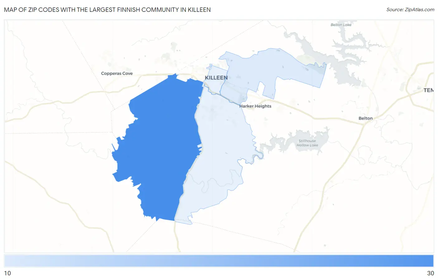 Zip Codes with the Largest Finnish Community in Killeen Map