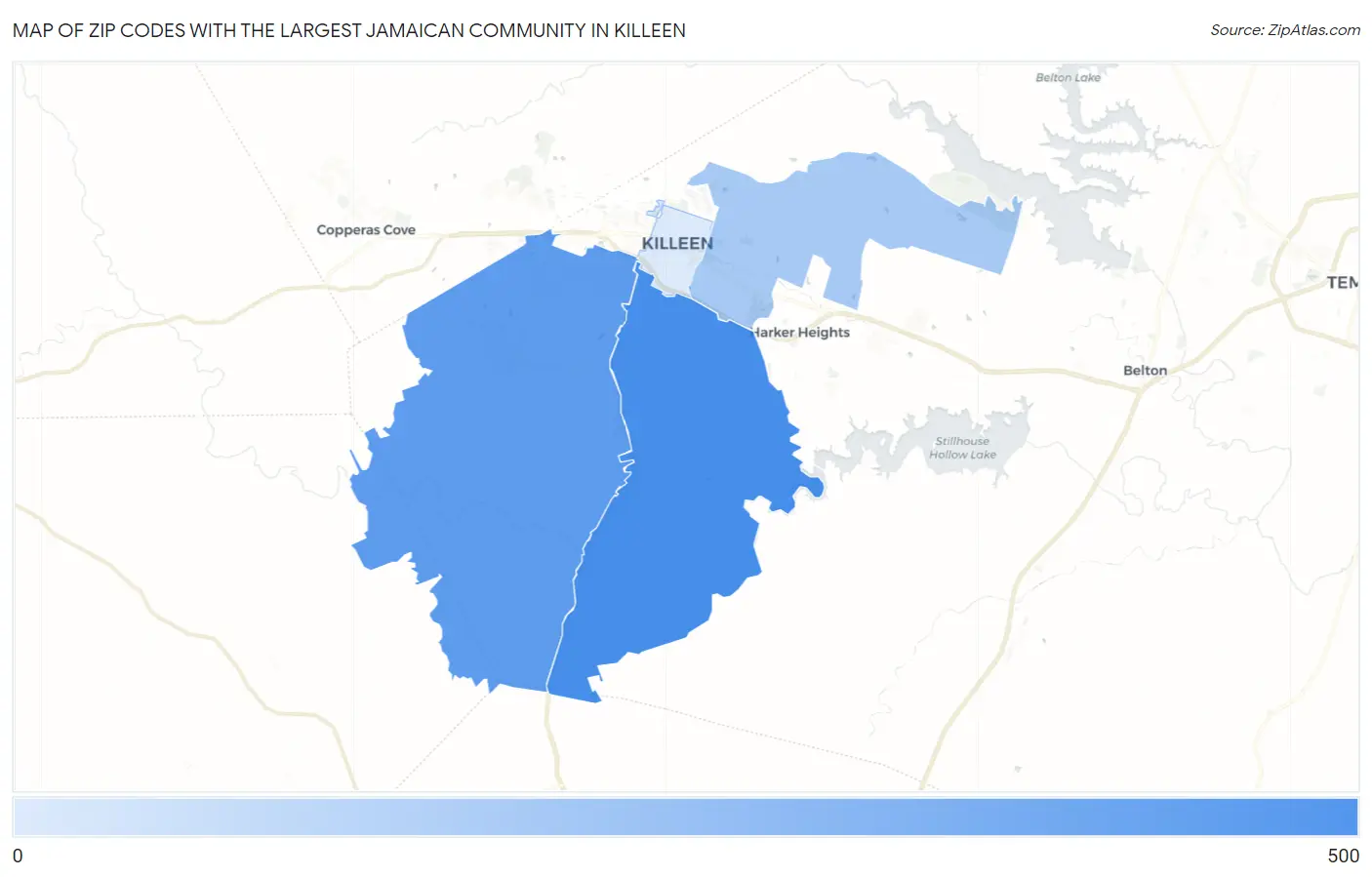 Zip Codes with the Largest Jamaican Community in Killeen Map