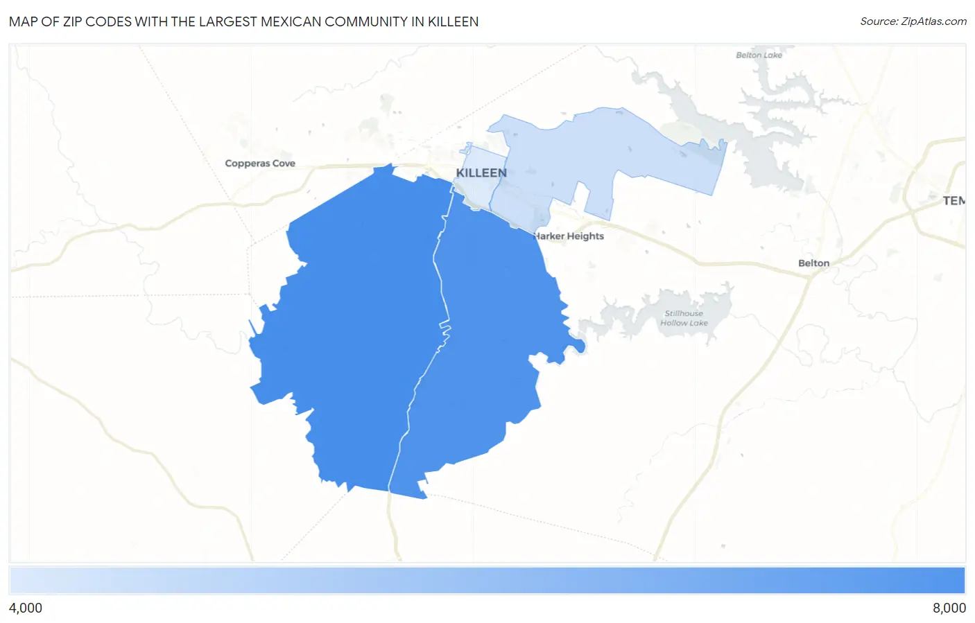 Zip Codes with the Largest Mexican Community in Killeen Map