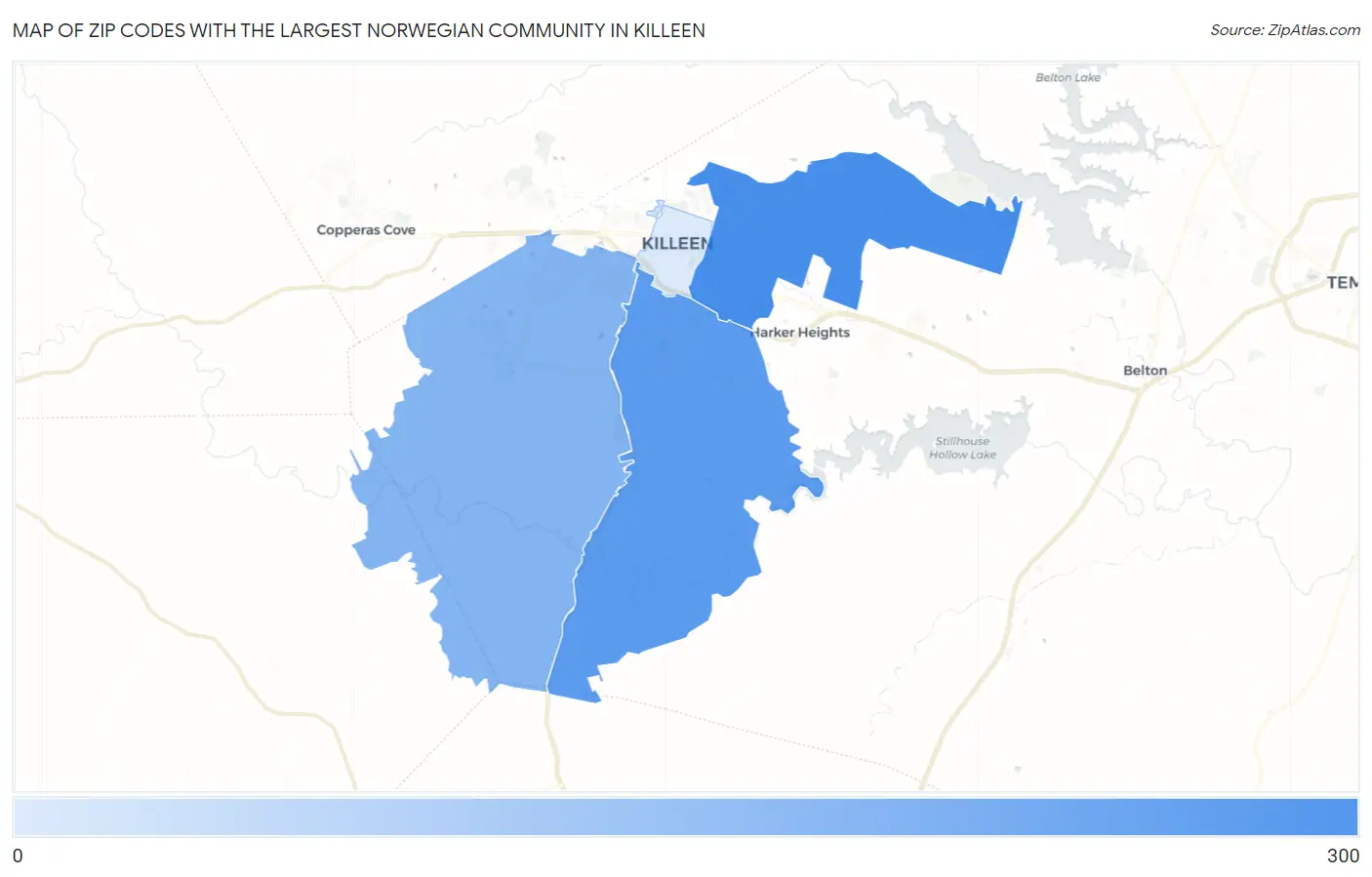 Zip Codes with the Largest Norwegian Community in Killeen Map
