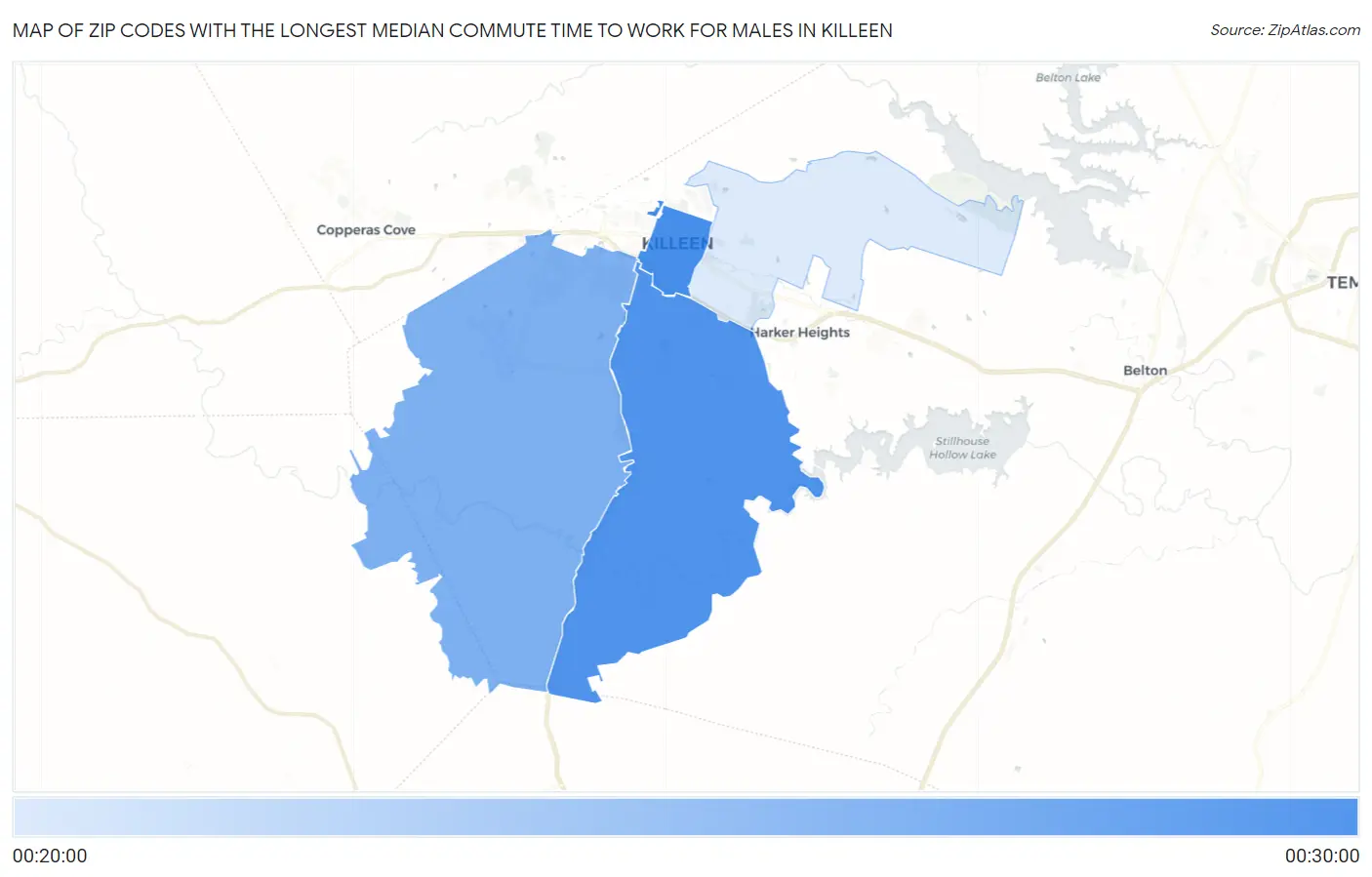 Zip Codes with the Longest Median Commute Time to Work for Males in Killeen Map
