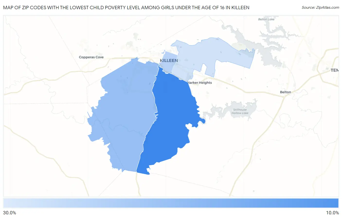 Zip Codes with the Lowest Child Poverty Level Among Girls Under the Age of 16 in Killeen Map
