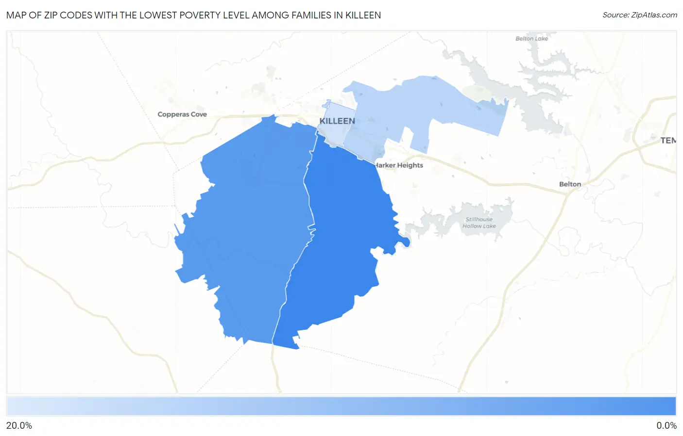 Zip Codes with the Lowest Poverty Level Among Families in Killeen Map