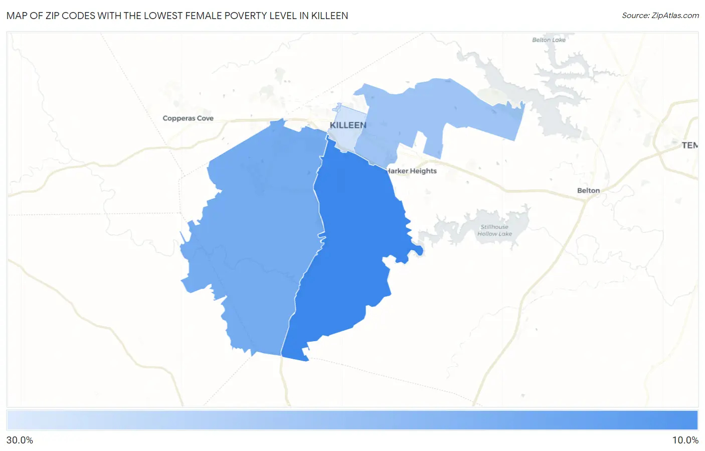 Zip Codes with the Lowest Female Poverty Level in Killeen Map