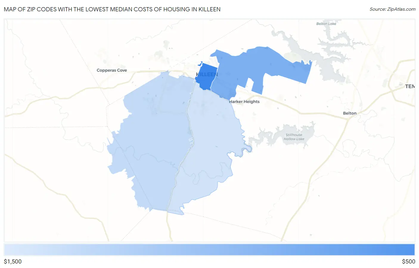 Zip Codes with the Lowest Median Costs of Housing in Killeen Map