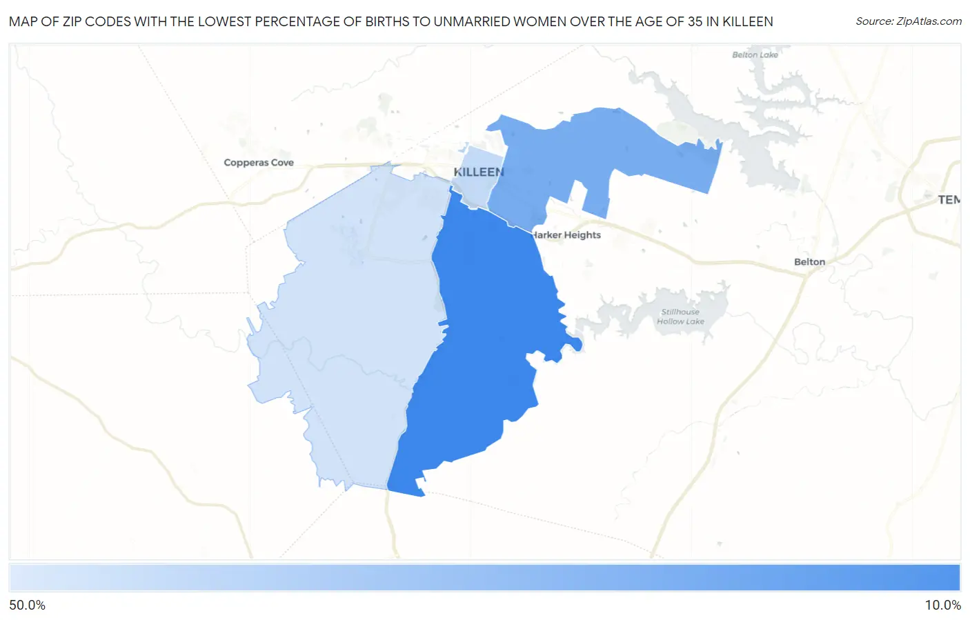 Zip Codes with the Lowest Percentage of Births to Unmarried Women over the Age of 35 in Killeen Map