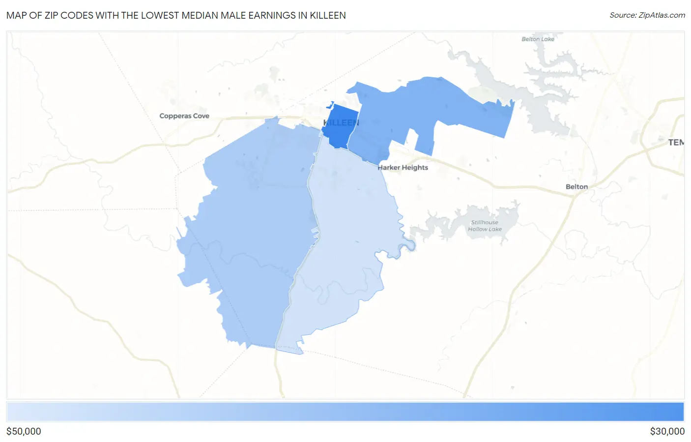 Zip Codes with the Lowest Median Male Earnings in Killeen Map