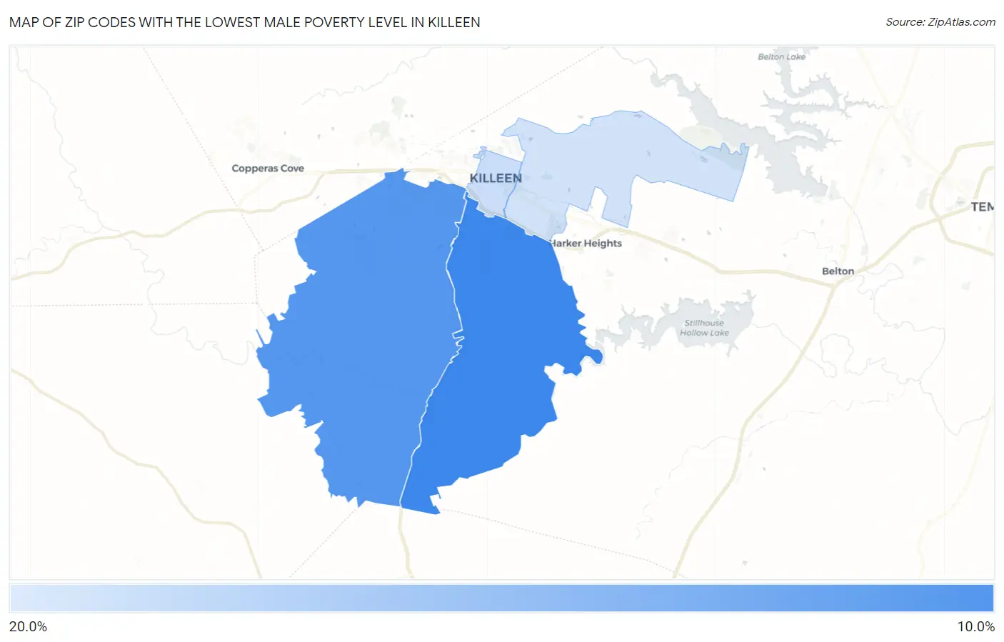 Zip Codes with the Lowest Male Poverty Level in Killeen Map
