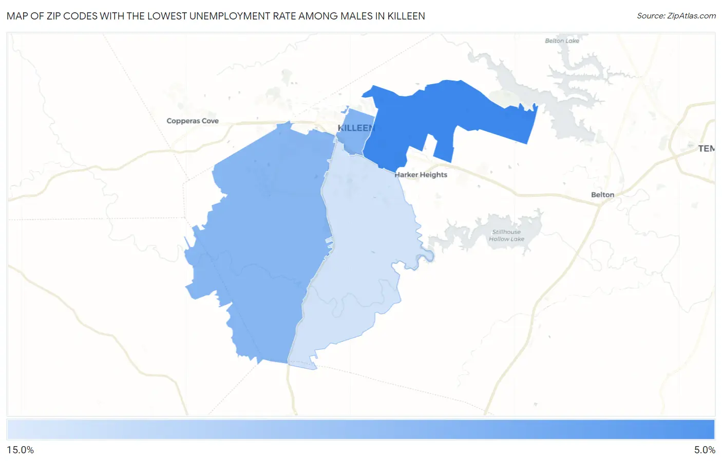 Zip Codes with the Lowest Unemployment Rate Among Males in Killeen Map