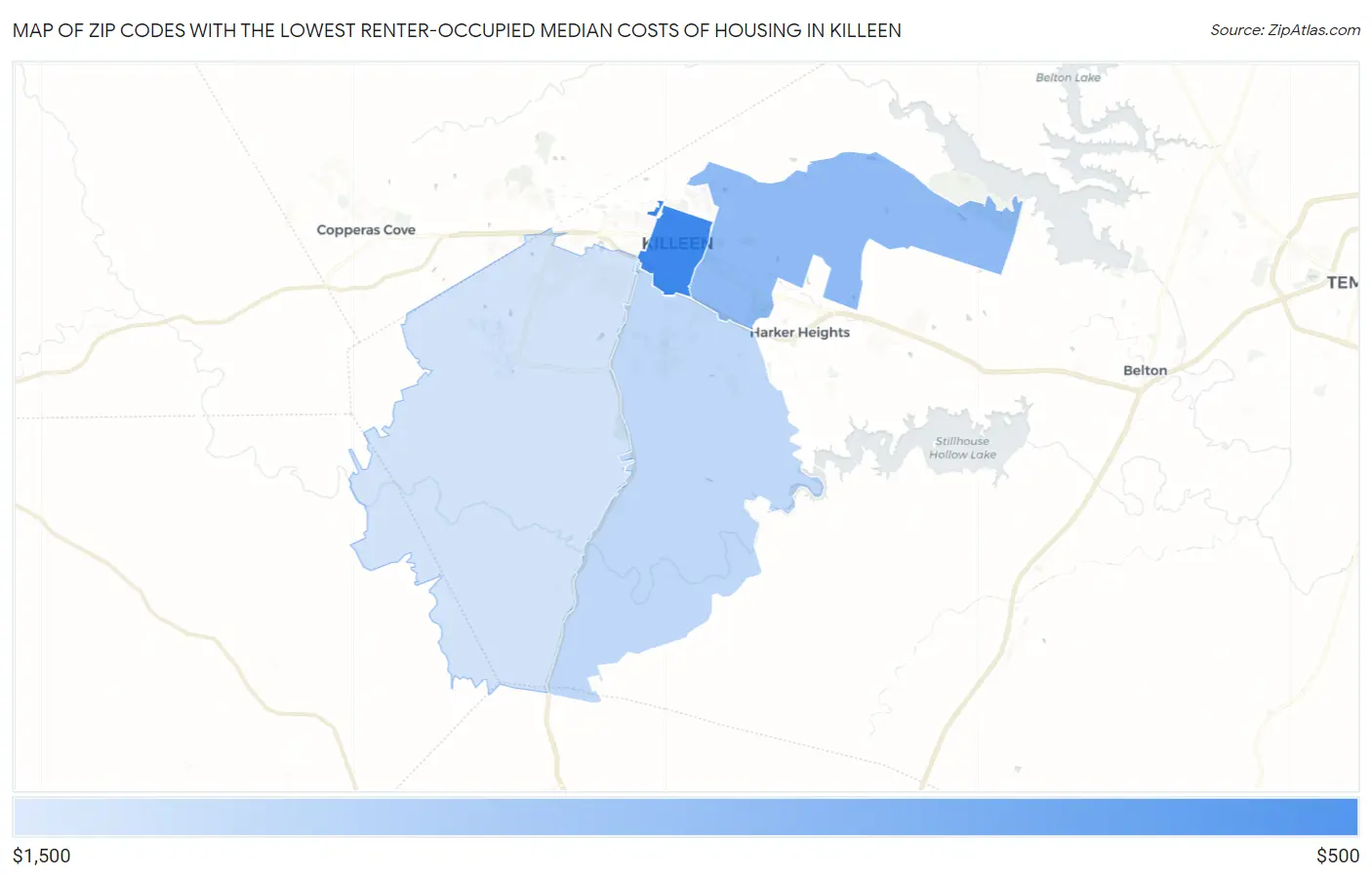 Zip Codes with the Lowest Renter-Occupied Median Costs of Housing in Killeen Map