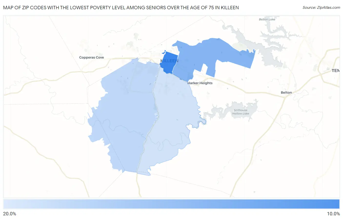 Zip Codes with the Lowest Poverty Level Among Seniors Over the Age of 75 in Killeen Map