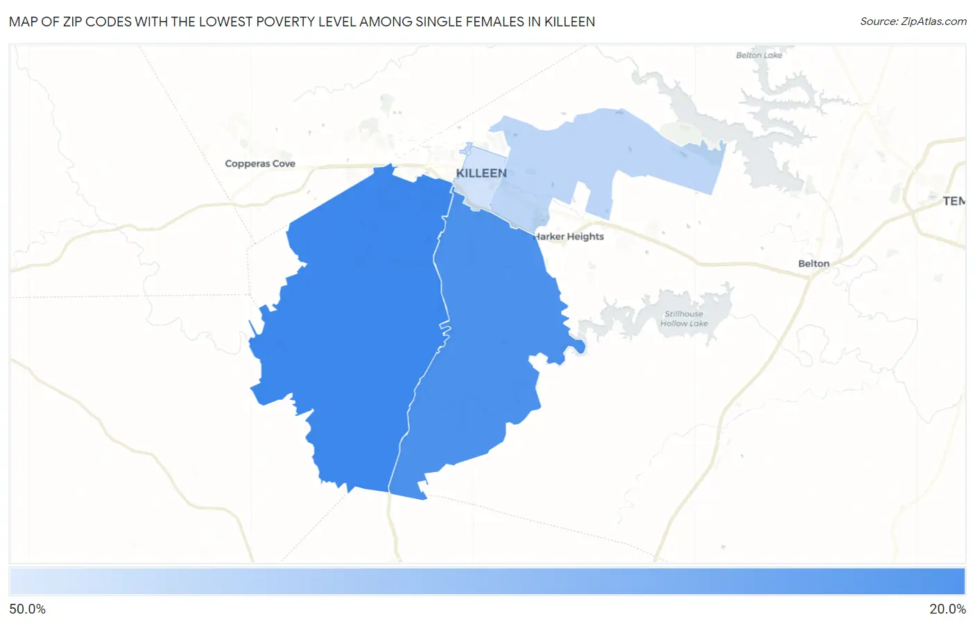 Zip Codes with the Lowest Poverty Level Among Single Females in Killeen Map